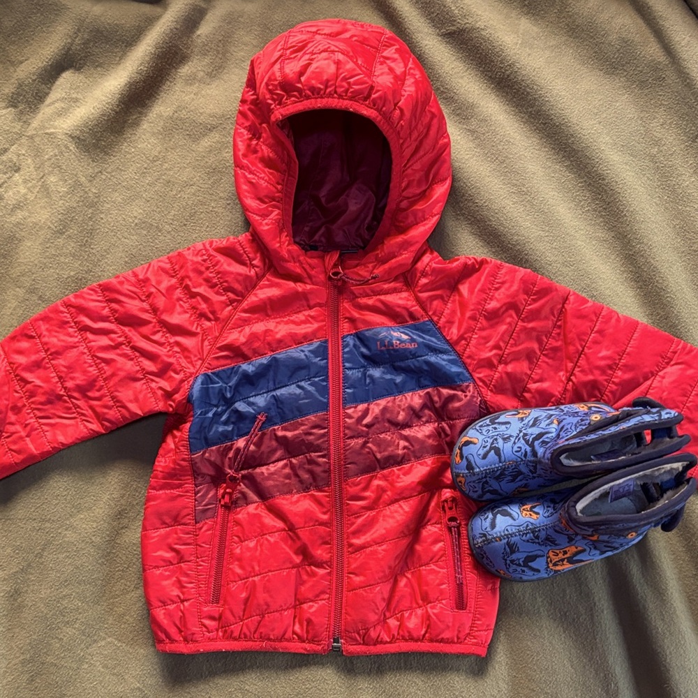 Bogs Blue Rain & Snow Boots with Red Down Jacket